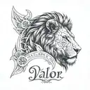 lion head with scars. Quote "In valor there is hope" tattoo design idea