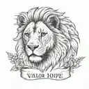 lion head with scars. Quote "In valor there is hope" tattoo design idea