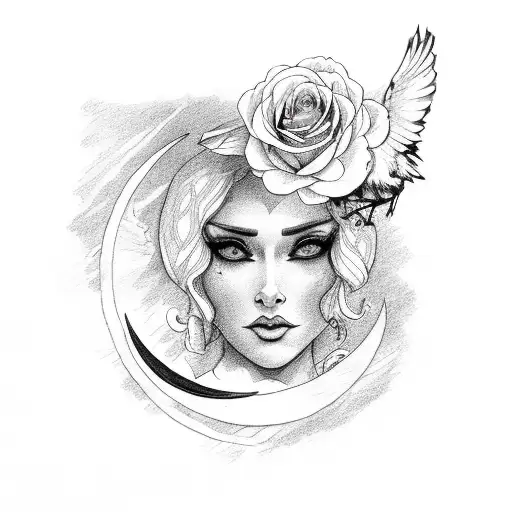 Raven holding yellow rose with crescent moon tattoo design idea