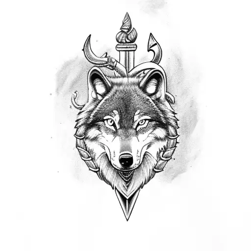 a wolf with poseidon's trident tattoo design idea
