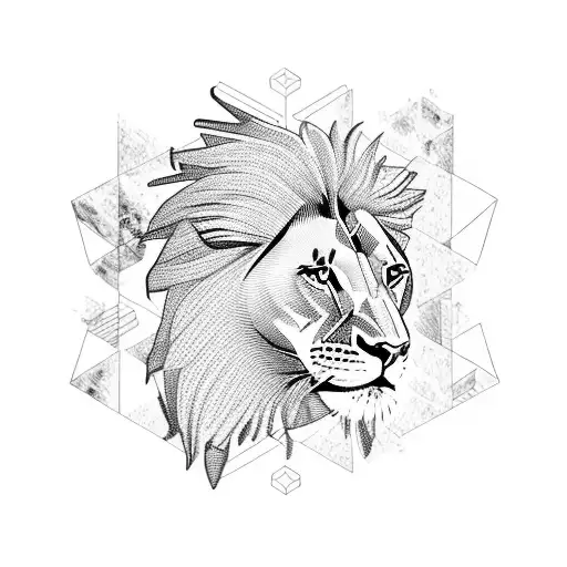halt Side of a Lion realistic And the other half Fading with cubes plants tattoo design idea
