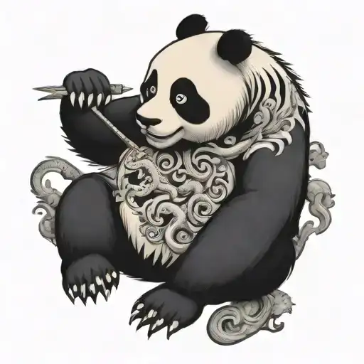 A playful design of a panda bear drawing a Chinese dragon on a canvas outdoors tattoo design idea