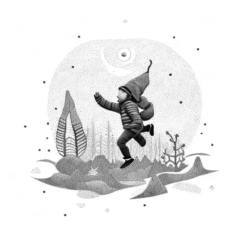 running boy waering green in a winter plant background with a nigh sky that falls and falls but does not give up  tattoo design idea