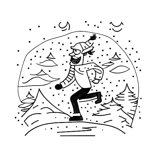 running guy waering green in a winter plant background with a nigh sky that falls and falls but does not give up  tattoo design idea