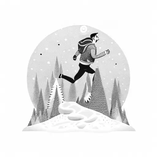 running guy waering green in a winter plant background with a nigh sky that falls and falls but does not give up  tattoo design idea