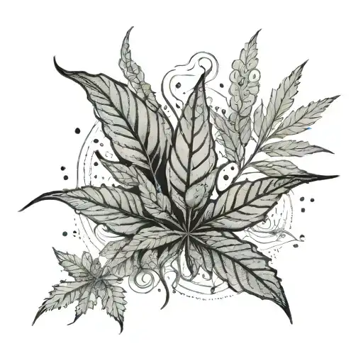 An abstract interpretation of a chill stoner vibe with y2k and grunge elements, incorporating weed leaves in dotwork style tattoo design idea