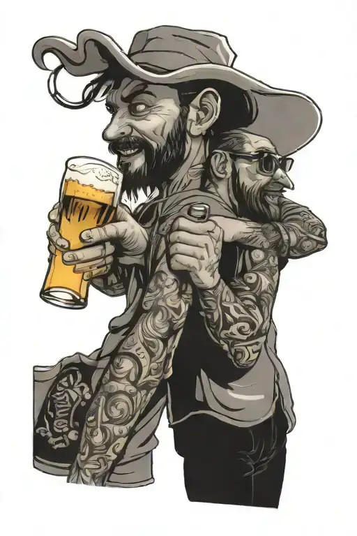 2 men with a bottle of beer clink glasses tattoo design idea