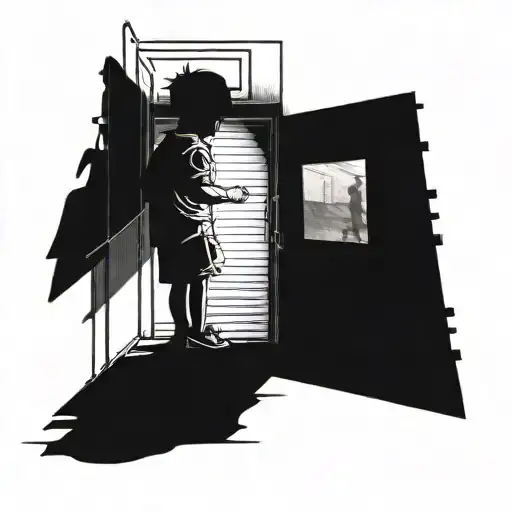A silhouette of a child being guided out of a dark closet into a spotlight, symbolizing your journey from feeling lost to helping children and loving the spotlight tattoo design idea
