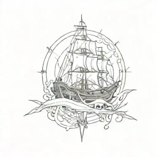 a ship's rudder, with a vertical Hall-type anchor running through it and a skull in the centre. tattoo design idea