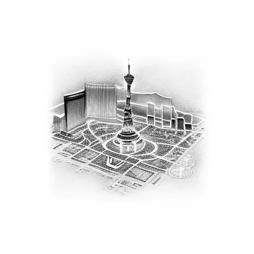 A dotwork tattoo of the Las Vegas strip at night, with Celine Dion's name written in elegant script font, capturing your love for both Vegas and her music. tattoo design idea