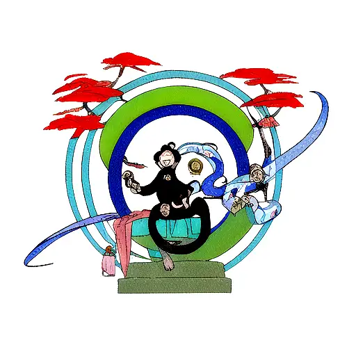 monkey and Japanese garden inside blue ouroboros snake tattoo design idea