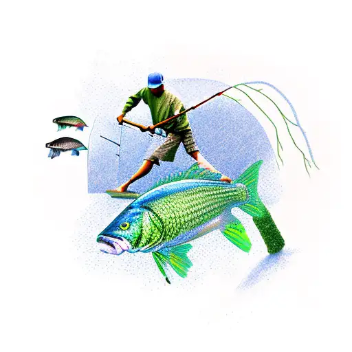 hero, pond, fishing, green, blue, old school tattoo design idea