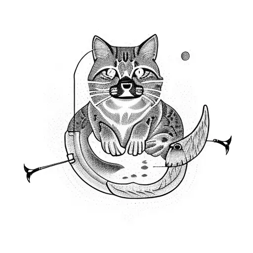 tractor, fishing cat and a flying fly tattoo design idea