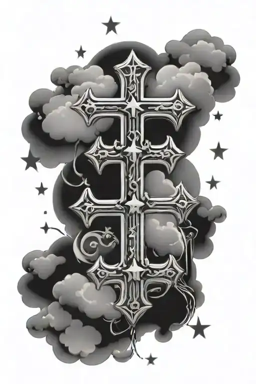 chrome hearts cross with clouds and stars around a something written on top of it  tattoo design idea