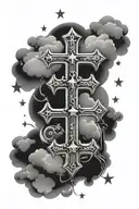 chrome hearts cross with clouds and stars around a something written on top of it  tattoo design idea
