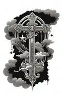 chrome hearts cross with clouds and stars around a something written on top of it  tattoo design idea