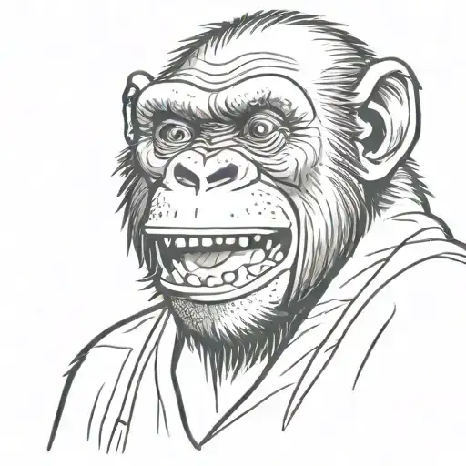 chimpanzee with an angry face, showing some pointy teeth, and scars on the face. dressed in a jiu-jitsu gi tattoo design idea