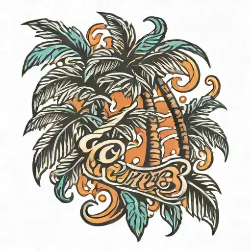 palm tree and cursive F tattoo design idea