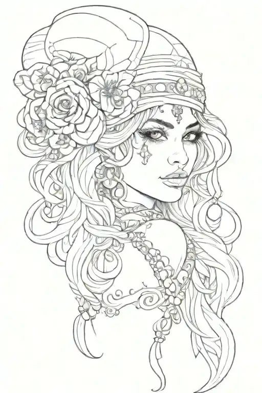 gypsy line work tattoo design idea