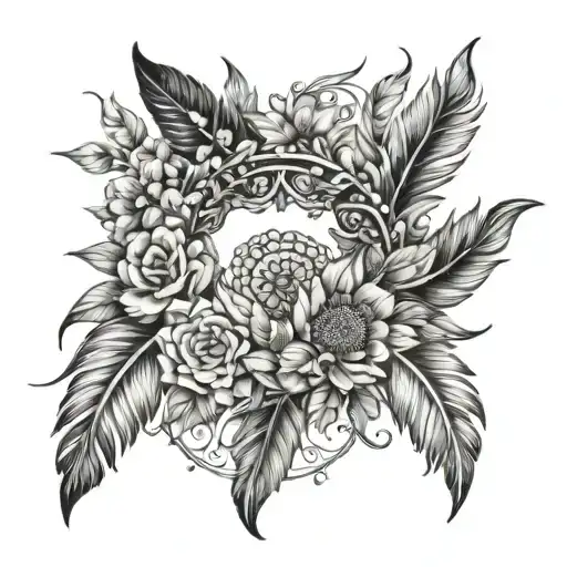  wreath of bohemian feathers and flowers tattoo design idea