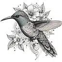 Fine line design of a hummingbird with gypsy-inspired elements and small floral details tattoo design idea
