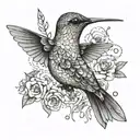 Fine line design of a hummingbird with gypsy-inspired elements and small floral details tattoo design idea