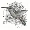 Fine line design of a hummingbird with gypsy-inspired elements and small floral details tattoo design idea