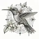 Fine line design of a hummingbird with gypsy-inspired elements and small floral details tattoo design idea