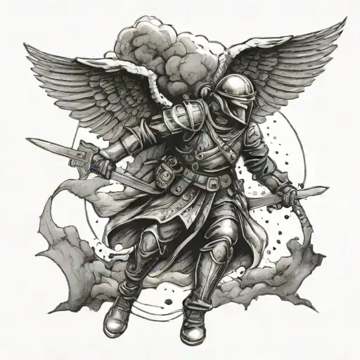 A dotwork depiction of a war angel watching over a battlefield from above tattoo design idea