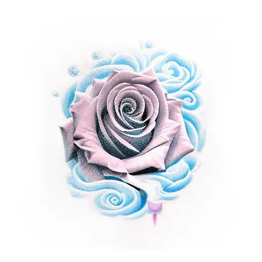 Rose with blended blues, pinks and purples, with the word "Wotton" within the image tattoo design idea