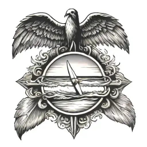 PLAGE AVEC UNE PETITE PLANCHE DE SURF AUTOUR D'UN ROND. AU DESSUS IL Y A UNE CROIX CHRETIENNE ET DES AILES D'ANGE tattoo design idea