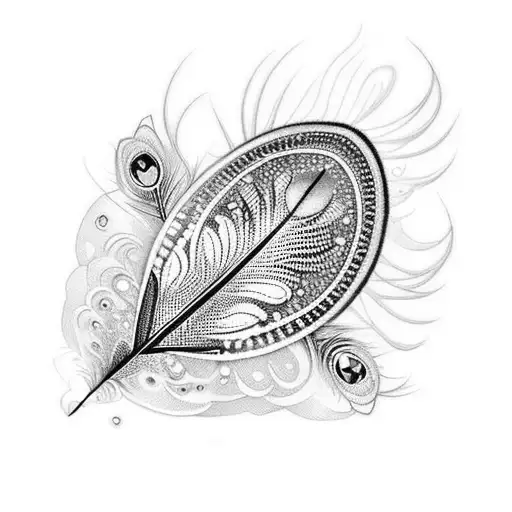 A dotwork tattoo of a beautiful peacock feather incorporating elements from favorite games tattoo design idea