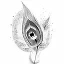 A dotwork tattoo of a beautiful peacock feather incorporating elements from favorite games tattoo design idea