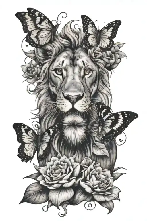 female lion with butterflies waterlily blooming tattoo design idea