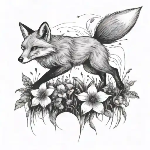 A sketch of a fox running through a field of flowers under the night sky tattoo design idea