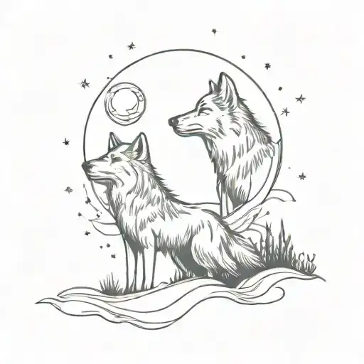 A mystical night sky with a wolf and fox howling at the moon tattoo design idea