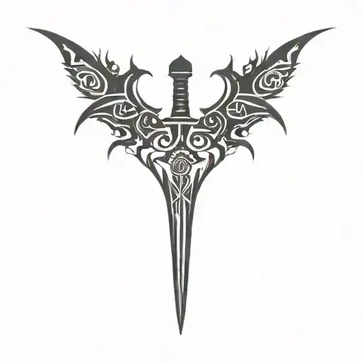 the logo of a black metal band and a medieval sword between a sharp heart shape tattoo design idea