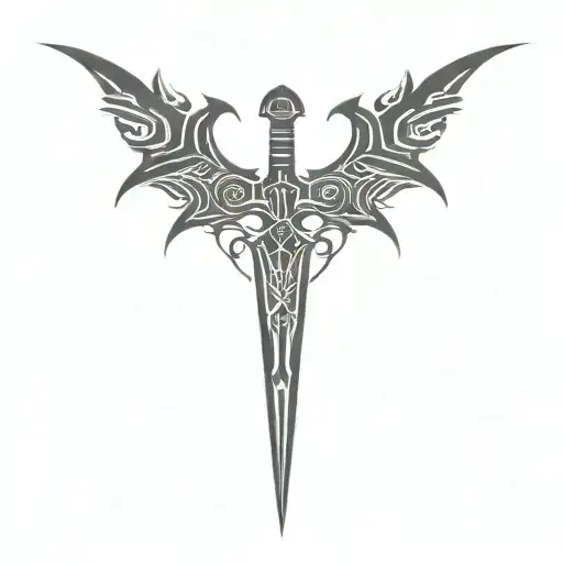 the logo of a black metal band and a medieval sword between a sharp heart shape tattoo design idea