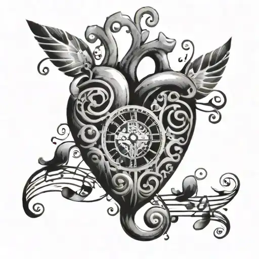 A black-grey tattoo of a heart made of music notes, with a subtle image of a clock inside, representing the timeless love of a mother tattoo design idea