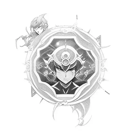 A manga-inspired sleeve tattoo featuring a battle scene between Gash Bell and Zenon Bell, with intricate dotwork details tattoo design idea