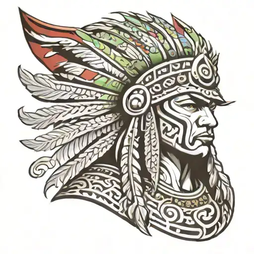A tattoo design of a majestic Maori warrior wearing a Medusa headdress, symbolizing strength and power tattoo design idea