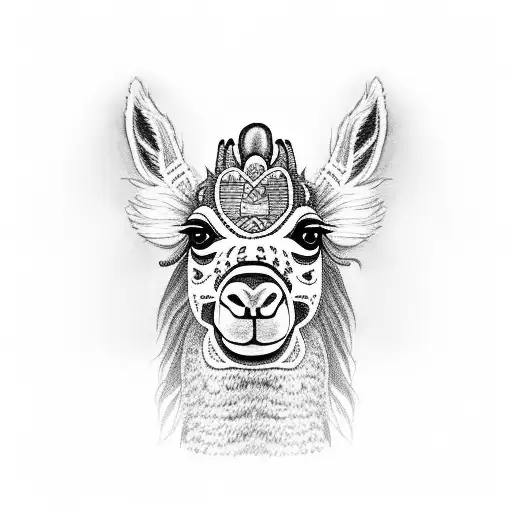 A black-grey tattoo of a llama with vibrant Peruvian textiles as its backdrop, capturing the client's love for animals and their connection to Peru. tattoo design idea
