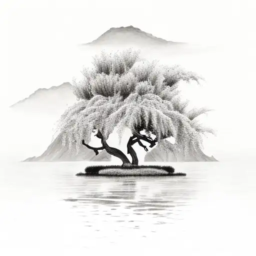 willow tree on a small island surrounded by water tattoo design idea