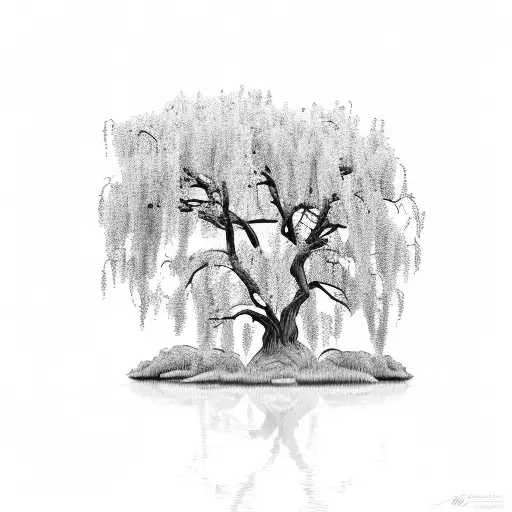 willow tree on a small island surrounded by water tattoo design idea