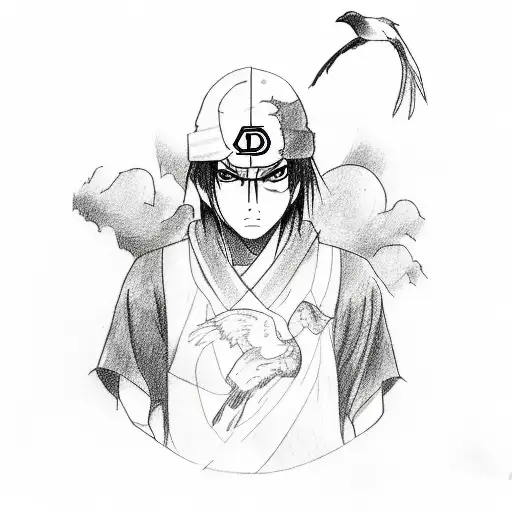 A sketch-style tattoo of Itachi holding a crow tattoo design idea