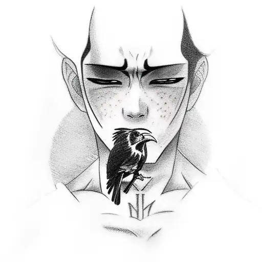 A sketch-style tattoo of Itachi holding a crow tattoo design idea