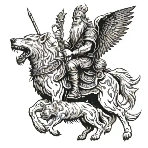 A tattoo design of Odin and Frigg riding on the backs of four wolves, representing your passion for Norse mythology and wolves, with a focus on blackwork style for bold lines. tattoo design idea