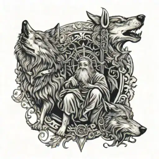 An intricate tattoo design of Odin and Frigg holding hands, with four wolves circling around them, incorporating elements of black-grey shading for depth. tattoo design idea
