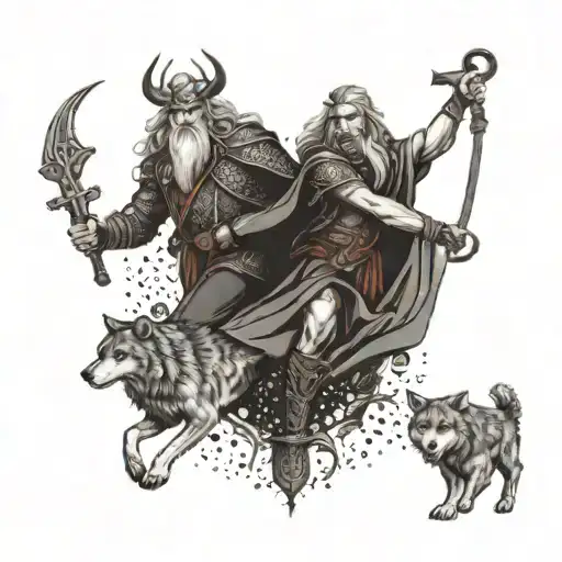 A detailed tattoo design of Odin and Frigg in a dynamic pose, with four wolves at their feet, combining elements of dotwork for texture and depth. tattoo design idea