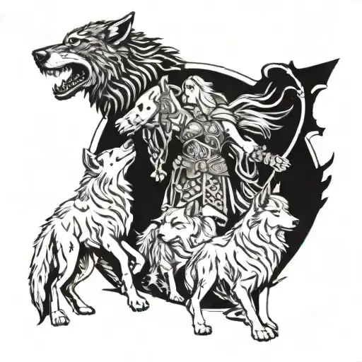 A tattoo design featuring Odin and Frigg standing together, surrounded by four wolves representing your favorite things. tattoo design idea